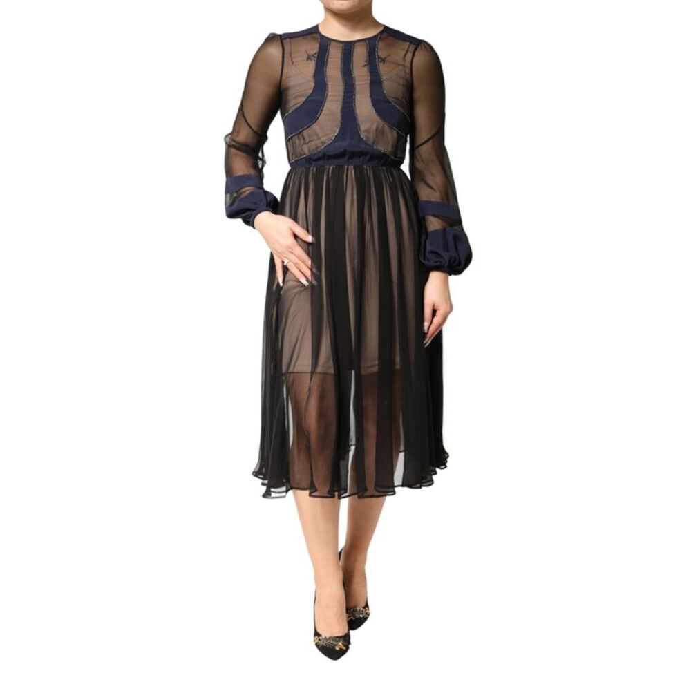 N.21 Blue Long Sleeves Sheer Silk Sheath A-line Midi Women's Dress